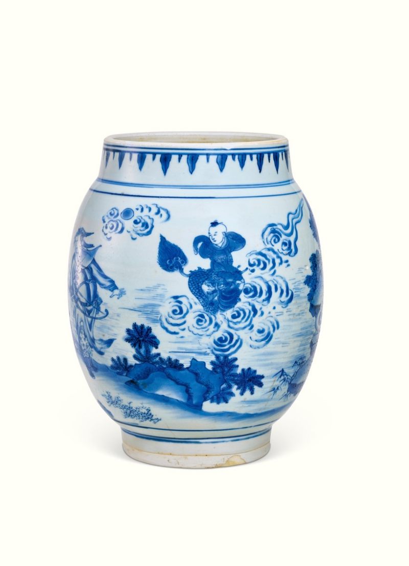 明崇祯 青花张仙送子图莲子罐 - 图2
