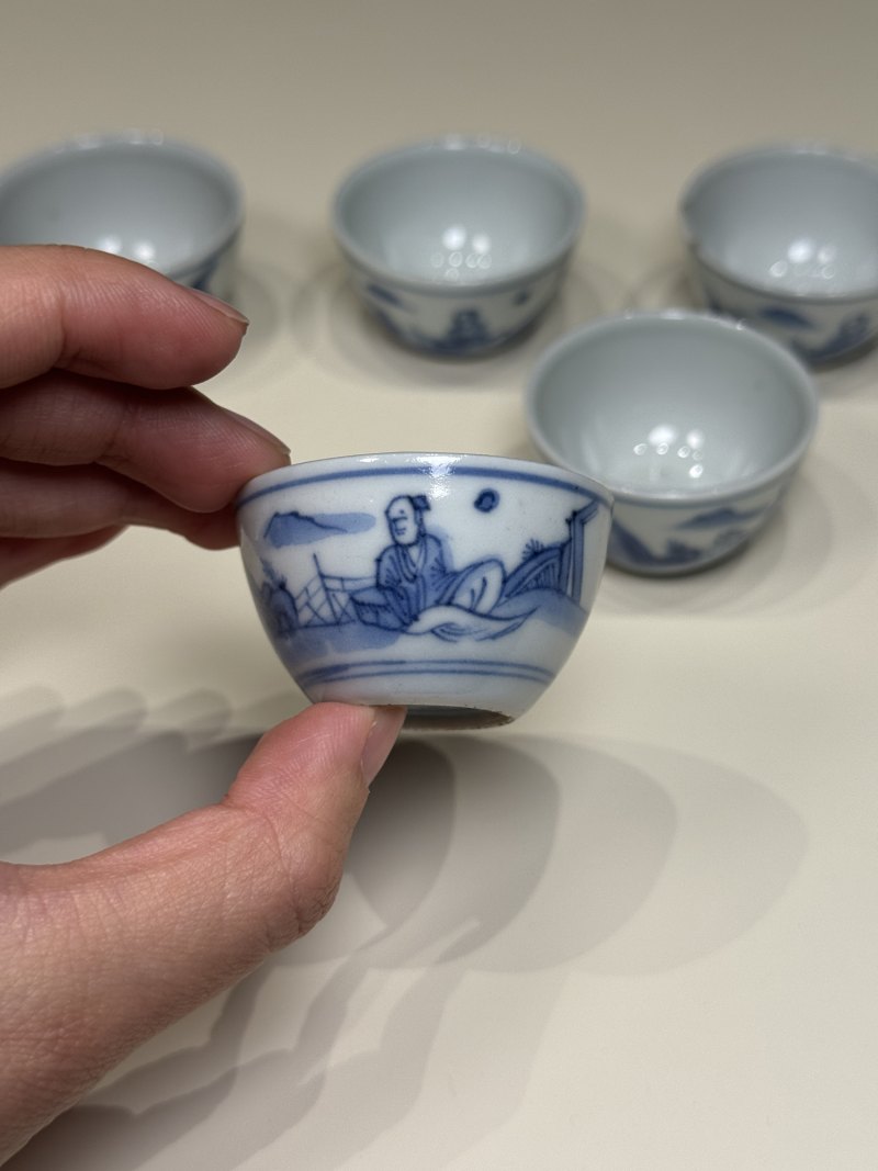 明天启—崇祯 青花高士图小杯一套五只（附四层原供箱） - 图20