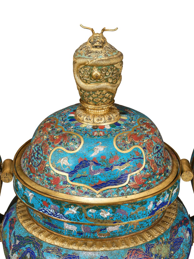清乾隆/嘉慶 鏨胎掐絲琺瑯鶴鹿同春五福拱壽鶴足大香爐一對  QIANLONG-JIAQING PERIOD (1736-1820) - 图3
