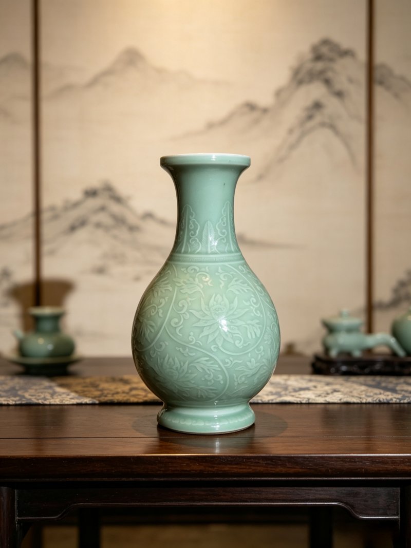 清康熙 青釉暗刻西番莲纹瓶 - 图1