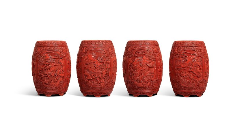 十八世紀　剔紅雲龍紋開光嬰戲圖坐墩一堂四具 | AN EXCEPTIONALLY RARE SET OF FOUR IMPERIAL CARVED CINNABAR LACQUER 'CHILDREN AT PLAY' GARDEN SEATS - 图8