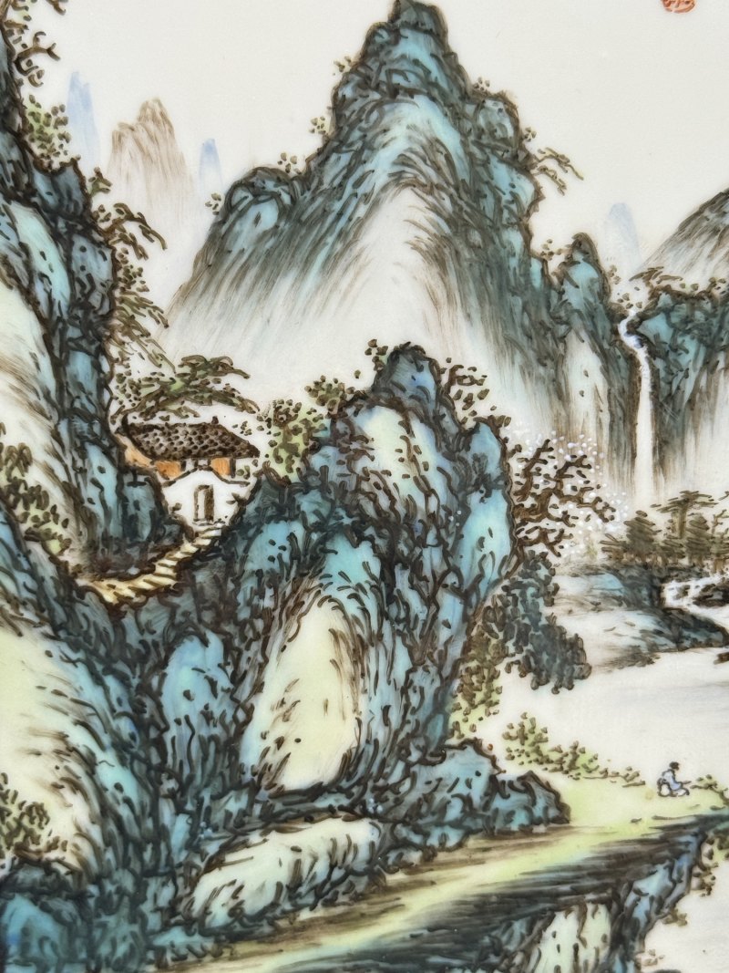 民国 邹国钧青绿山水人物瓷板屏风四件 - 图20