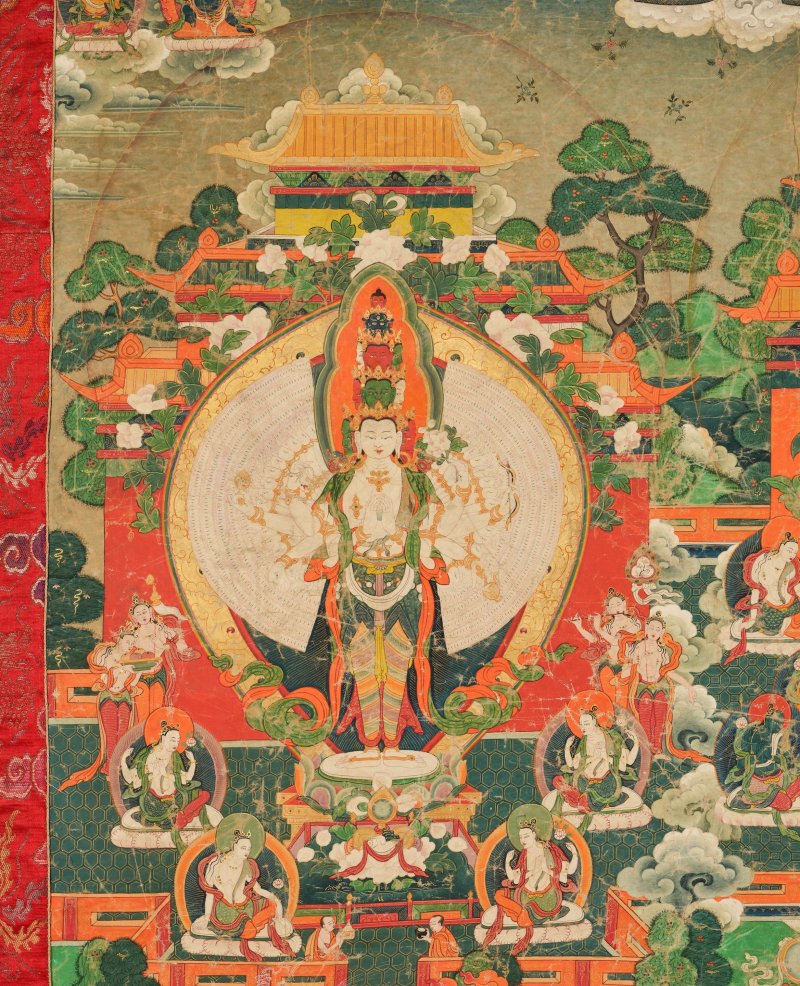 藏中 十八世紀 無量光佛與觀音及綠度母唐卡 | A THANGKA OF AMITABHA, AVALOKITESHVARA AND GREEN TARA - 图6