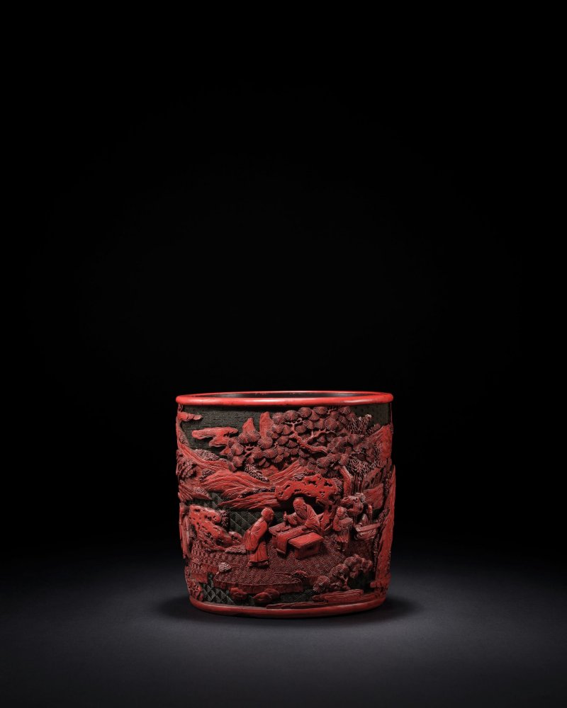 清乾隆　黑地剔紅雅集圖筆筒 | A RARE CARVED CINNABAR LACQUER 'SCHOLARS' BRUSHPOT, BITONG - 图5