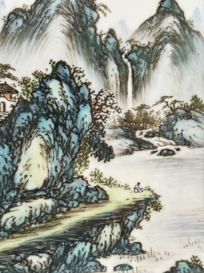 民国 邹国钧青绿山水人物瓷板屏风四件 - 图21