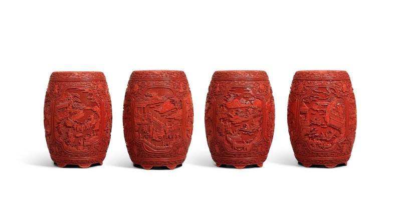 十八世紀　剔紅雲龍紋開光嬰戲圖坐墩一堂四具 | AN EXCEPTIONALLY RARE SET OF FOUR IMPERIAL CARVED CINNABAR LACQUER 'CHILDREN AT PLAY' GARDEN SEATS - 图9