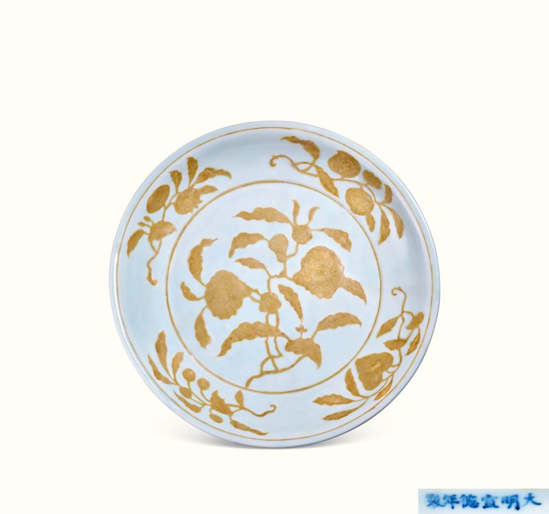 明宣德 褐黄折枝栀子花果纹盘 - 图1