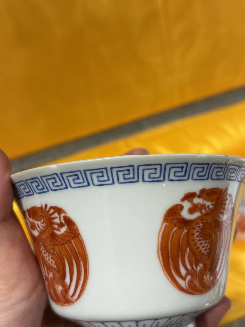    民国 料彩矾红团凤纹盖碗（一对） - 图12