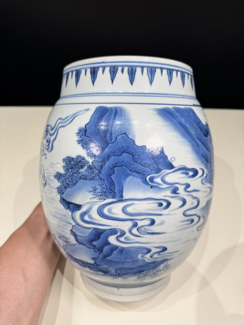明崇祯 青花张仙送子图莲子罐 - 图7