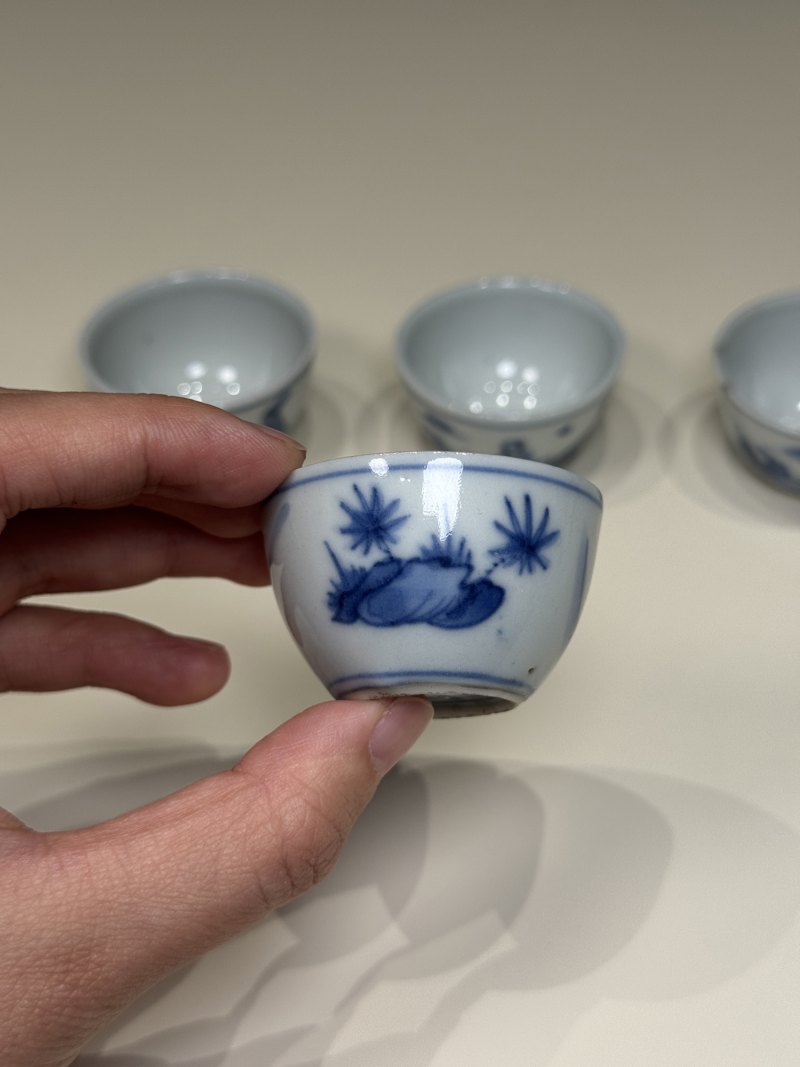 明天启—崇祯 青花高士图小杯一套五只（附四层原供箱） - 图24