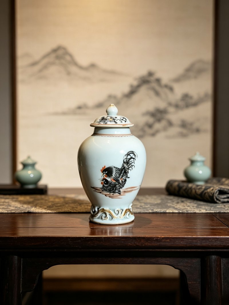 清乾隆 墨彩锦鸡图梅瓶