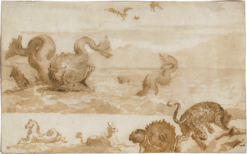 A sheet of studies including marine monsters, a leopard, the head of a camel and other animals Giovanni Domenico Tiepolo - 图1