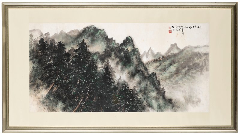 黎雄才  山村春雨 - 图2