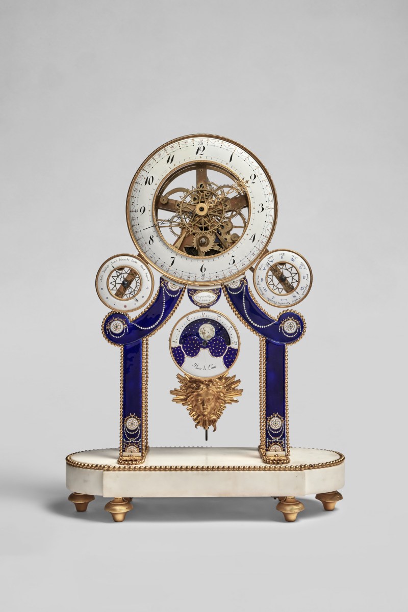 A Directoire Gilt Bronze, Enamel and White Marble Skeleton Clock, The Enamel Dated 1796 - 图1