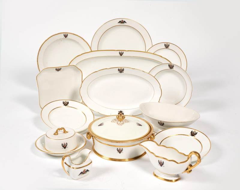 A Group of Porcelain Tableware from the Ordinary Service, Coronation Service and the Service of Grand Duke Konstantin Nikolaevich, Imperial Porcelain Factory, St Petersburg, period of Nicholas I (1825-1855) and Alexander II (1855-1881)