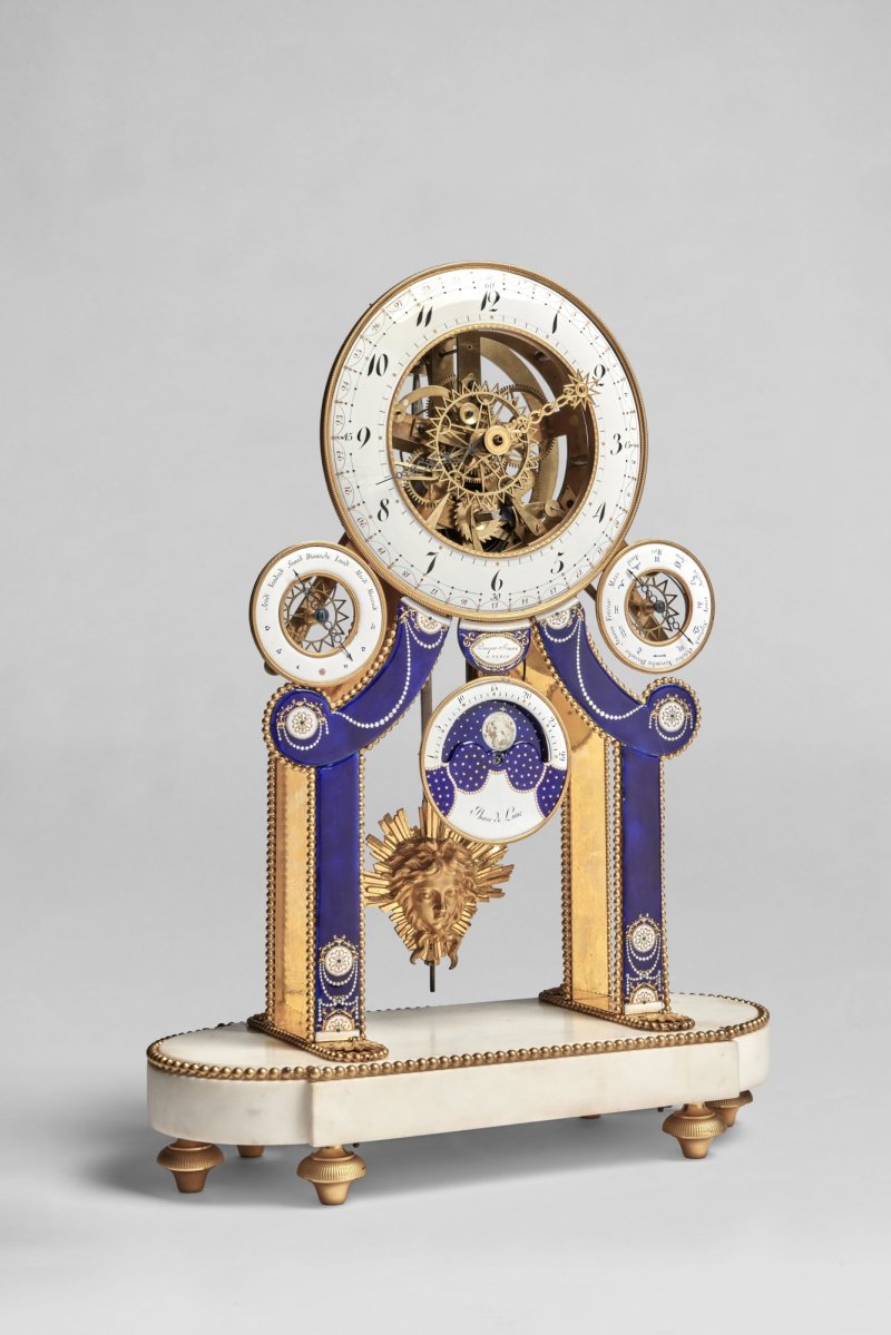 A Directoire Gilt Bronze, Enamel and White Marble Skeleton Clock, The Enamel Dated 1796 - 图2