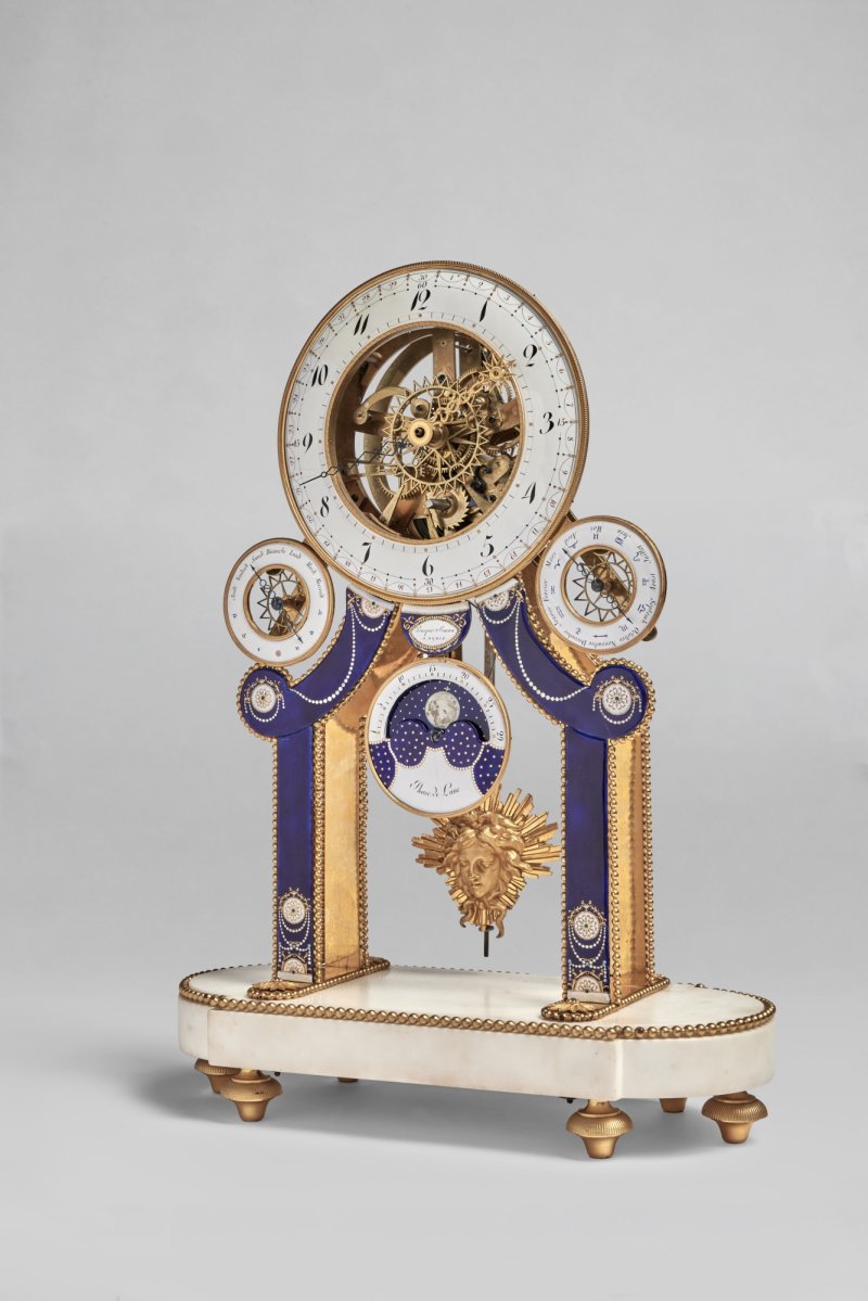 A Directoire Gilt Bronze, Enamel and White Marble Skeleton Clock, The Enamel Dated 1796 - 图3