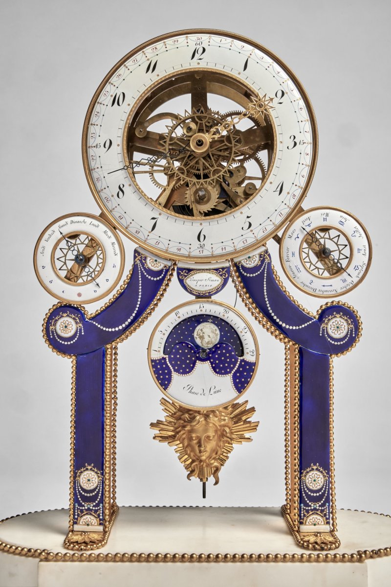 A Directoire Gilt Bronze, Enamel and White Marble Skeleton Clock, The Enamel Dated 1796 - 图5