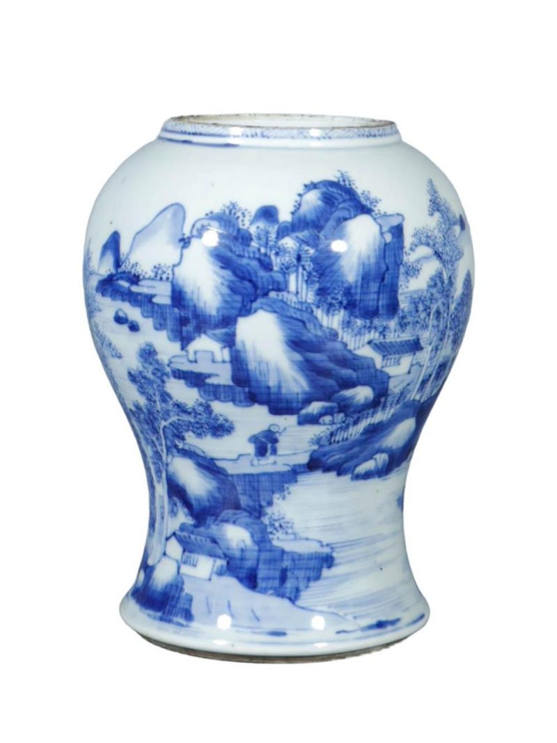 清康熙   青花通景山水人物纹罐 - 图1