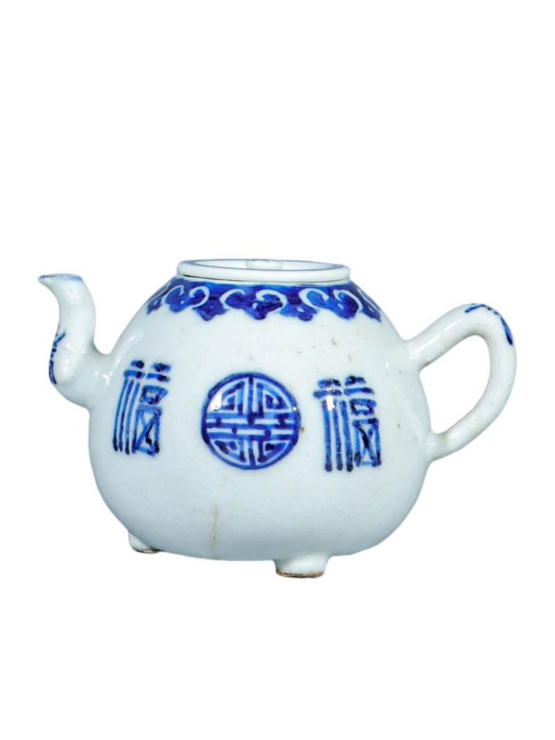 清晚期   青花团福纹茶壶 - 图1
