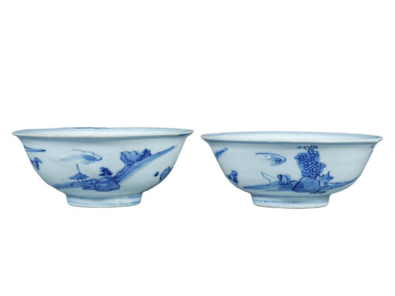 明晚期   青花山水纹碗一对 - 图1