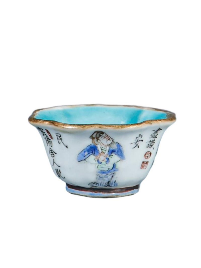清晚期   粉彩无双谱花口杯 - 图1