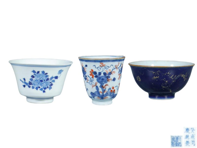 清康熙-乾隆-清晚期   青花五彩铃铛杯、蓝釉小碗、 青花花卉纹杯一组三件