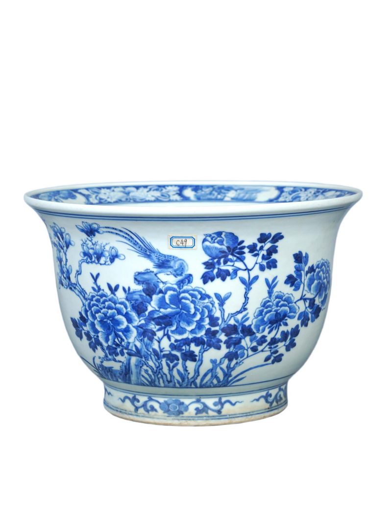 清   青花花鸟花盆 - 图1