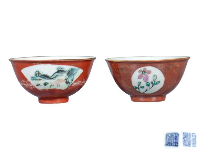 清乾隆   粉彩开光什锦茶园一对 - 图1