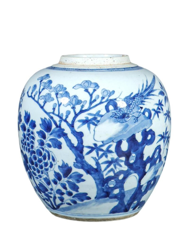 清康熙   青花洞石锦鸡纹罐 - 图1
