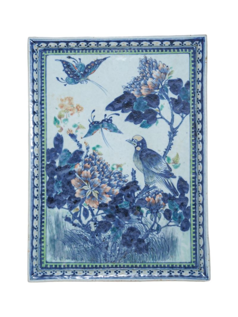 清晚期   青花加彩花鸟纹茶盘 - 图1