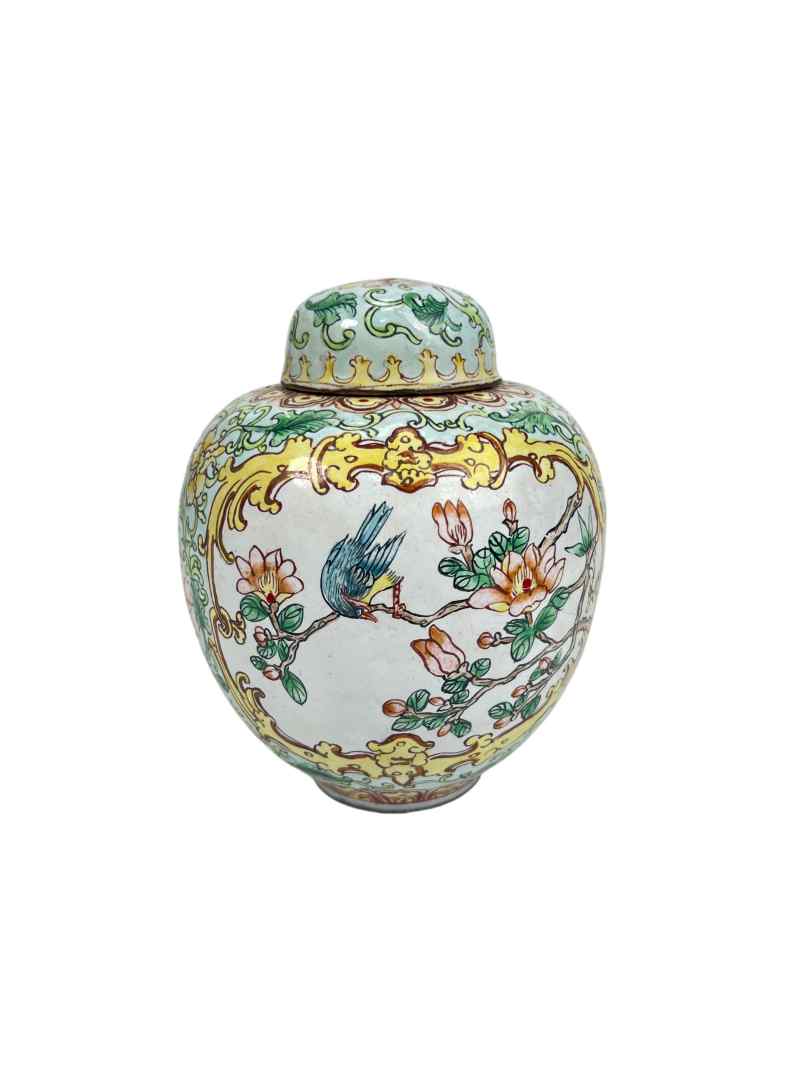 XYB060  民国 铜胎画珐琅花鸟纹盖罐 - 图1