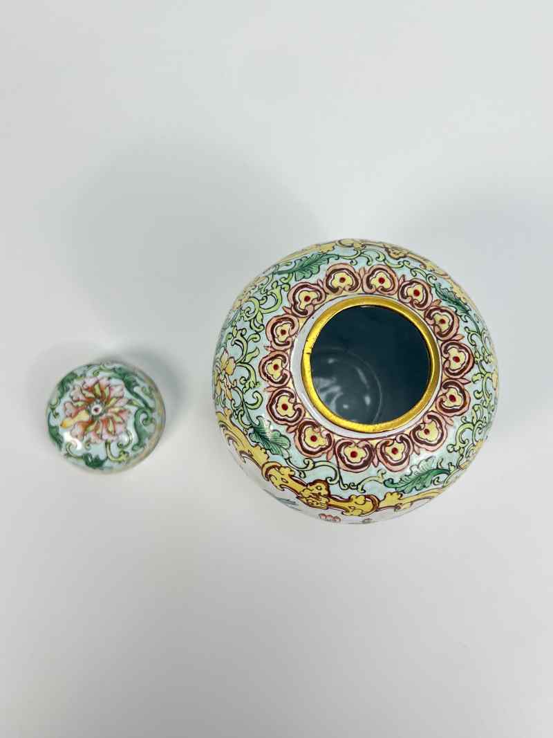 XYB060  民国 铜胎画珐琅花鸟纹盖罐 - 图2