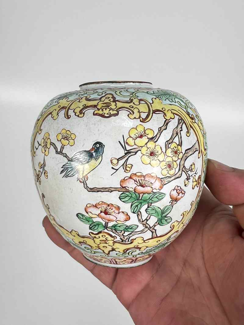 XYB060  民国 铜胎画珐琅花鸟纹盖罐 - 图4