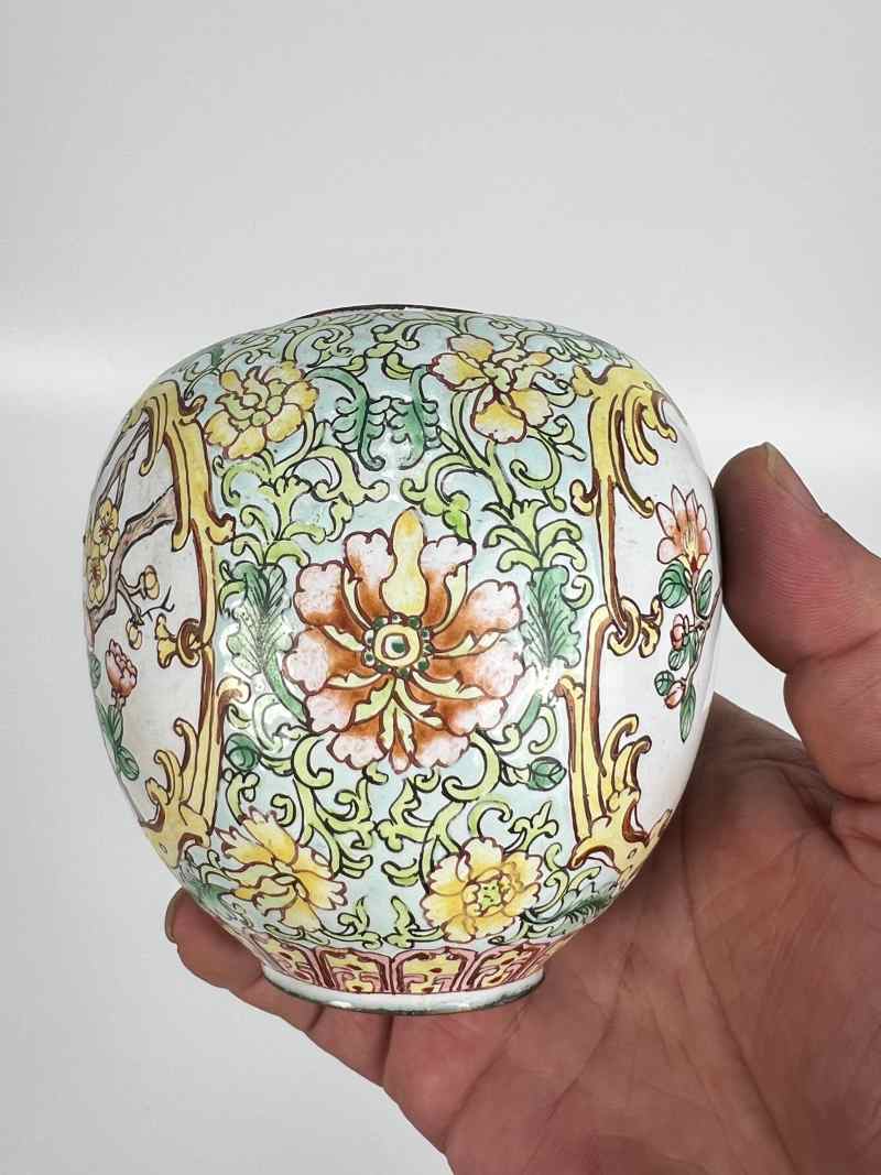XYB060  民国 铜胎画珐琅花鸟纹盖罐 - 图5