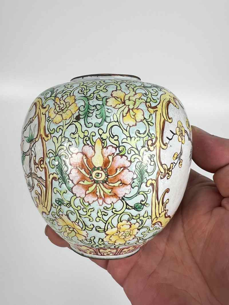 XYB060  民国 铜胎画珐琅花鸟纹盖罐 - 图7