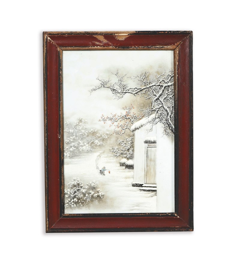 解放后 粉彩雪景图瓷板