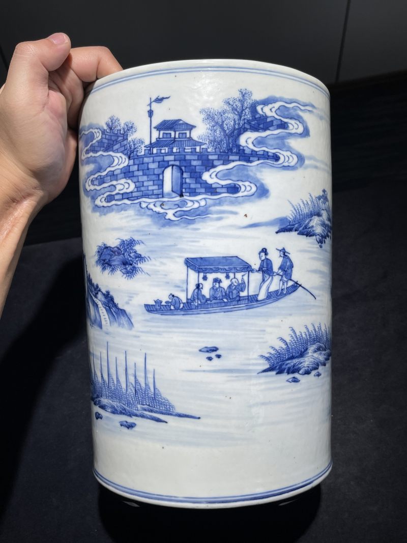 清雍正 青花夜游赤壁纹大画筒 - 图2