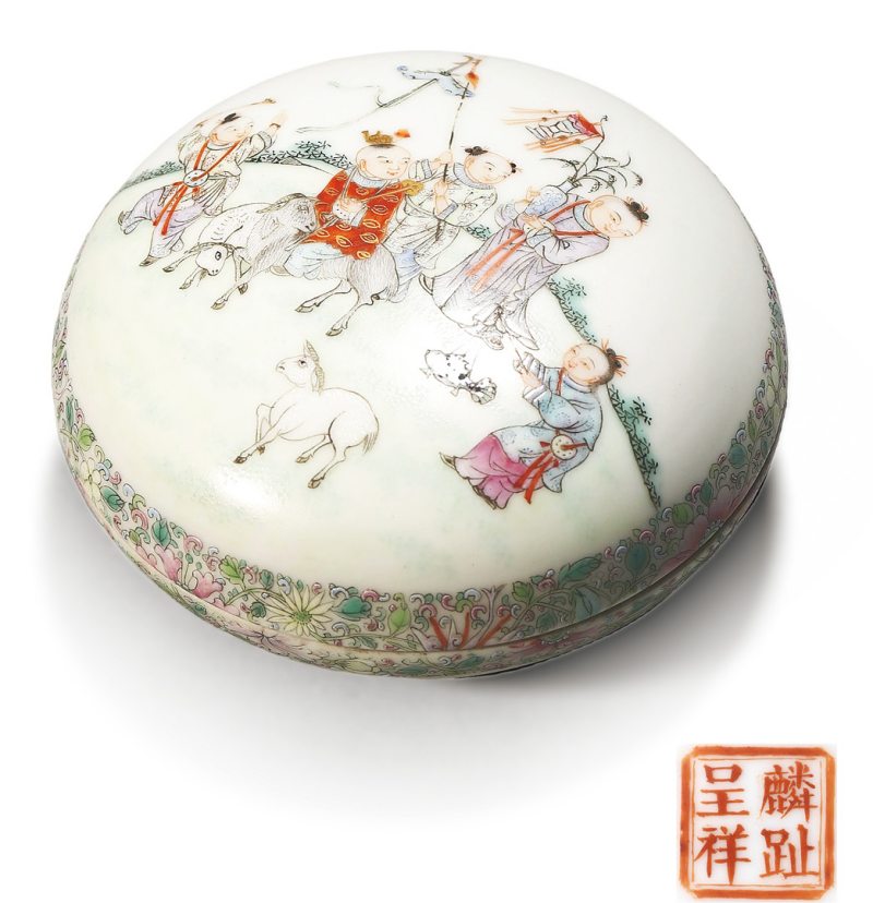 民国 粉彩婴戏纹印盒 - 图1