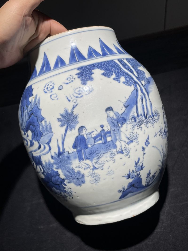明崇祯 青花人物纹莲子罐 - 图6