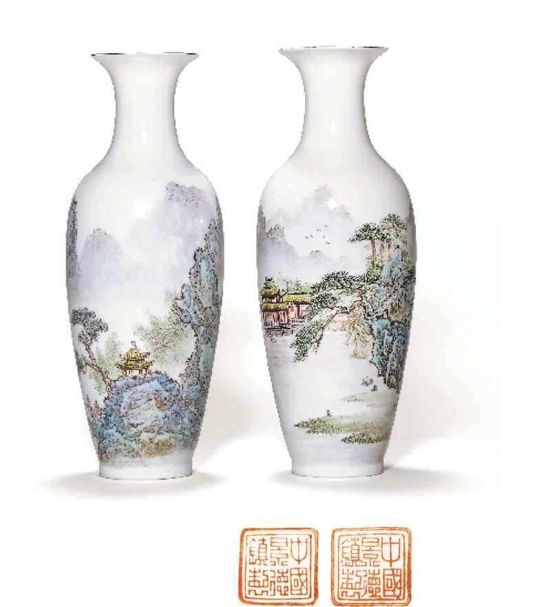 70年代 徐焕文薄胎粉彩山水瓶一对 - 图1