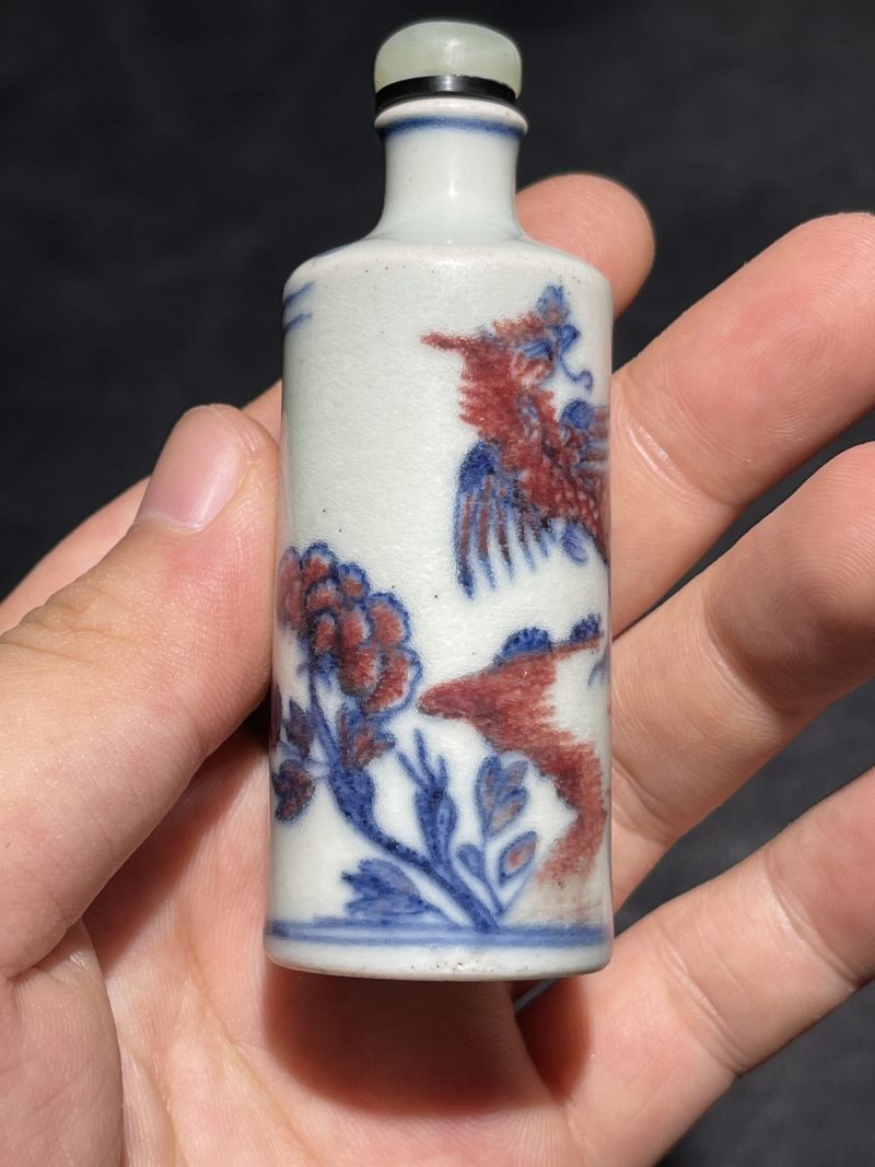 清中期 青花釉里红凤凰牡丹纹烟壶 - 图4