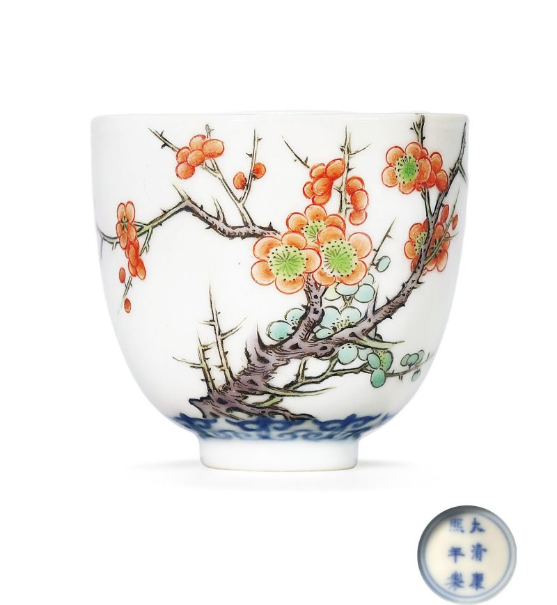 清康熙 青花花卉纹杯 晚清加彩