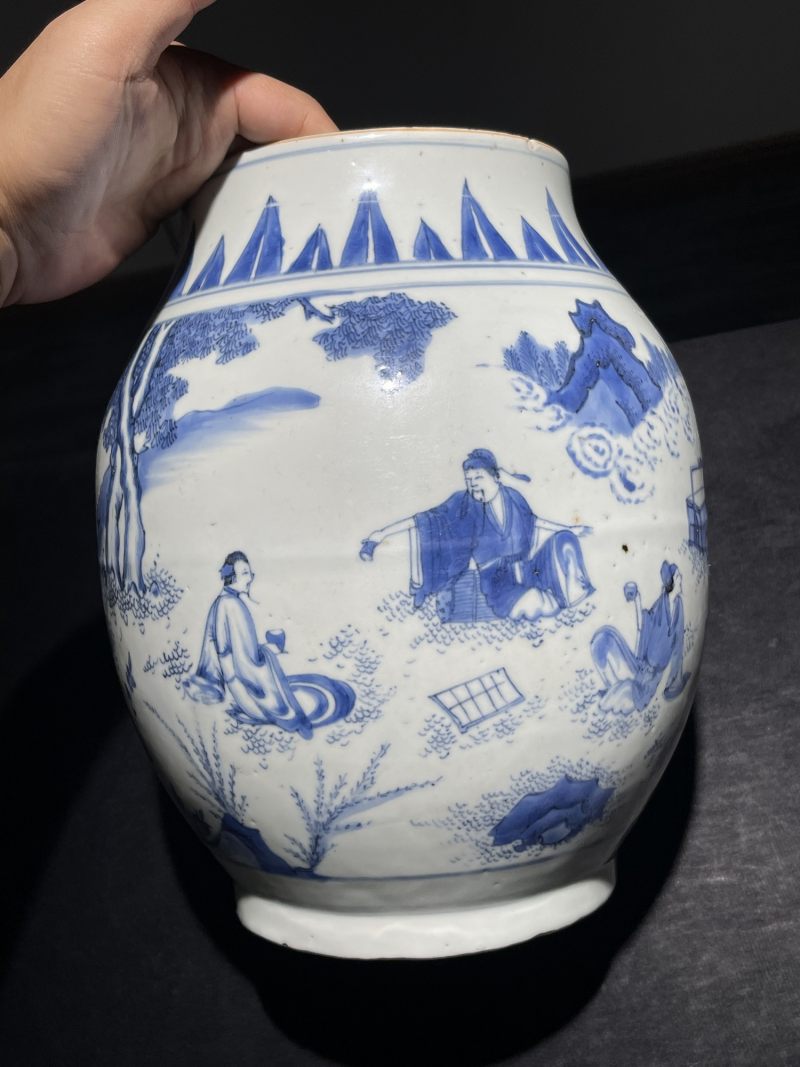 明崇祯 青花人物纹莲子罐 - 图7