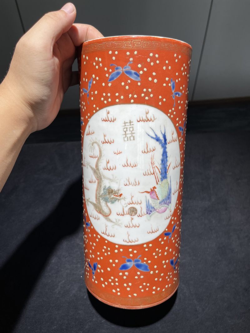 清光绪 御制珊瑚红地粉彩龙凤呈祥帽筒 - 图3