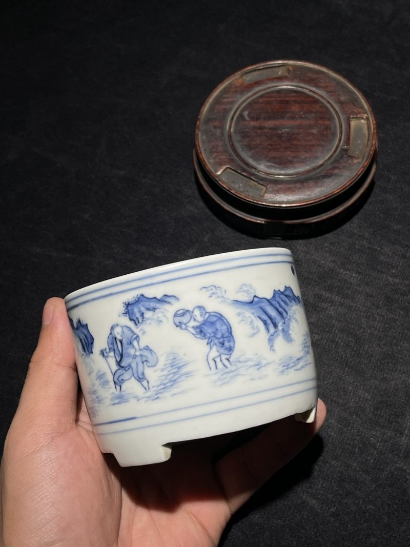 明崇祯 青花山水高士纹琴炉 - 图2