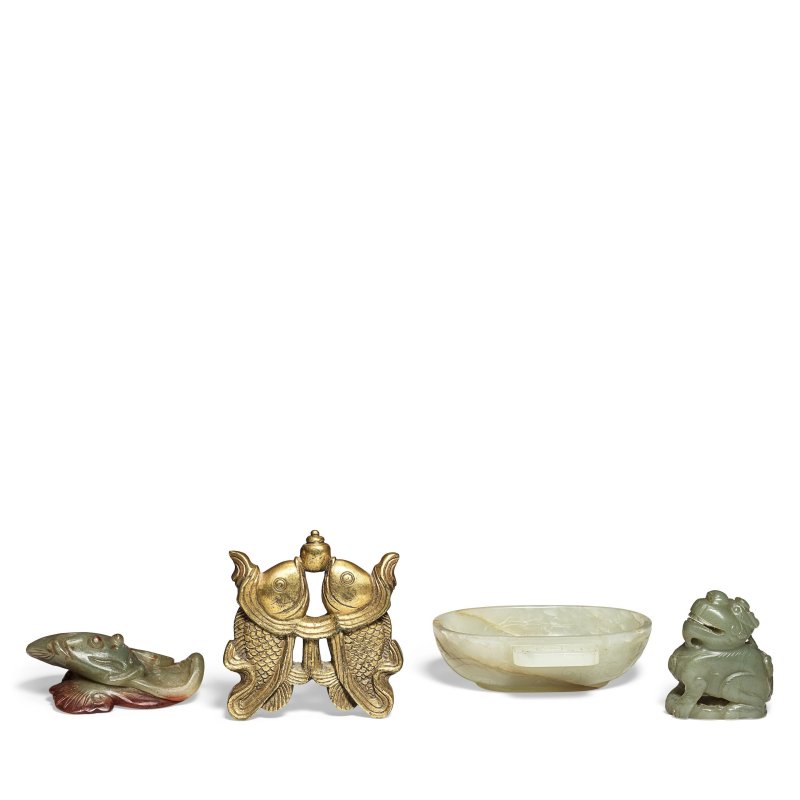 清 玉雕三件及銅鎏金雙魚飾 | THREE JADE CARVINGS AND A GILT BRONZE FITTING
