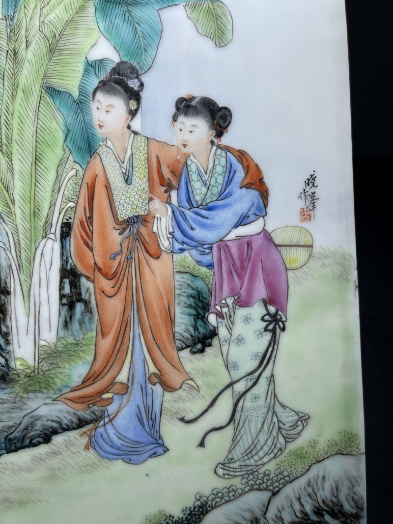 民国 熊晓峰画粉彩红楼梦纹瓷板一对 - 图3