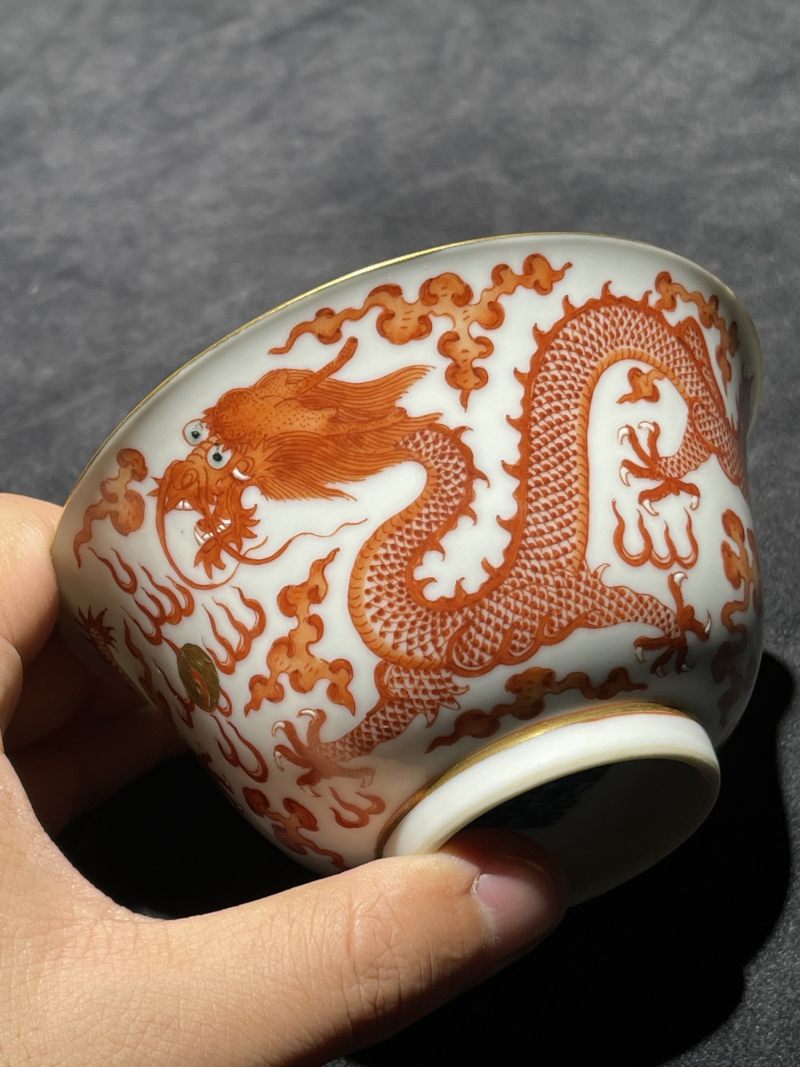 清道光 矾红龙纹茶园一对 - 图10