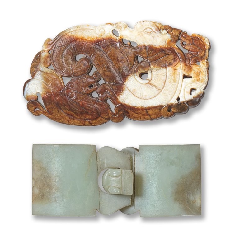 褐玉龍紋牌及青玉扣 | A RUSSET AND CREAM JADE 'DRAGON' PLAQUE AND A CELADON JADE BELT CLASP